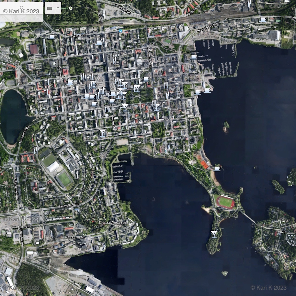 Opaskartta Kuopio kuvake. Kuvakaappaus Kuopion kaupungin keskusta-alueesta Google Maps kartastolla nähtynä.